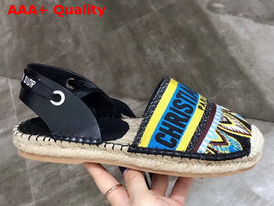 Dior Nicely D Lace Up Espadrille with Christian Dior Turquoise Embroidered Canvas and Black Calfskin Leather Replica