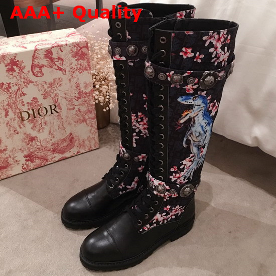 Dior Oblique and Black Calfskin Boot with Blooms Print and Medallions Replica