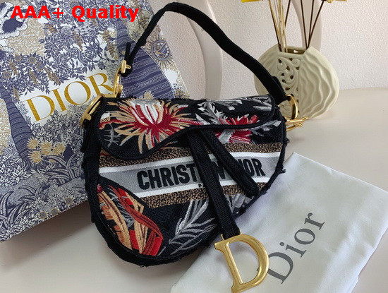 Dior Saddle Bag Black Camouflage Embroidery with Multicolor Flowers Replica