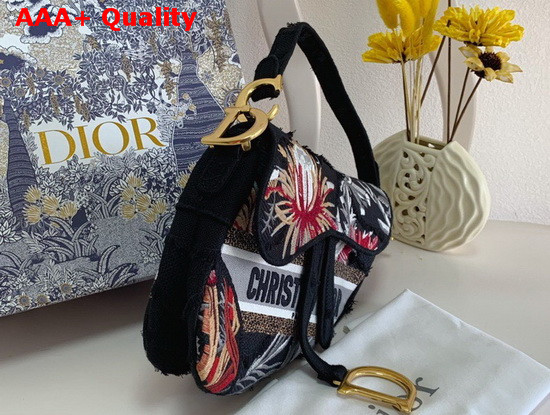 Dior Saddle Bag Black Camouflage Embroidery with Multicolor Flowers Replica