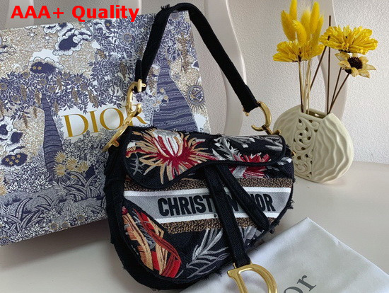 Dior Saddle Bag Black Camouflage Embroidery with Multicolor Flowers Replica