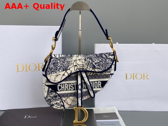 Dior Saddle Bag Blue Multicolor Dior Around the World Embroidery Replica