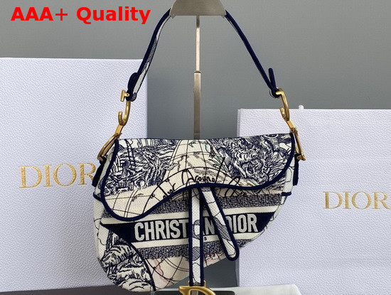 Dior Saddle Bag Blue Multicolor Dior Around the World Embroidery Replica