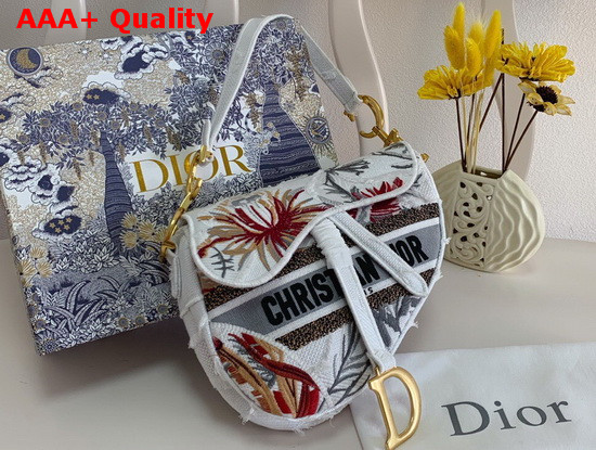 Dior Saddle Bag White Camouflage Embroidery with Multicolor Flowers Replica