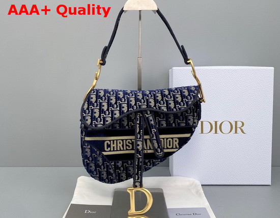 Dior Saddle Bag in Blue Dior Oblique Embroidered Velvet Replica