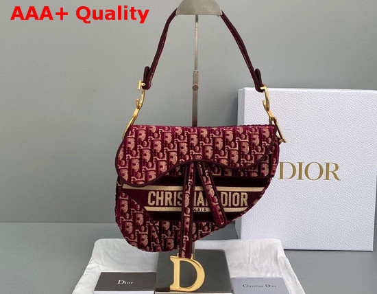 Dior Saddle Bag in Burgundy Dior Oblique Embroidered Velvet Replica