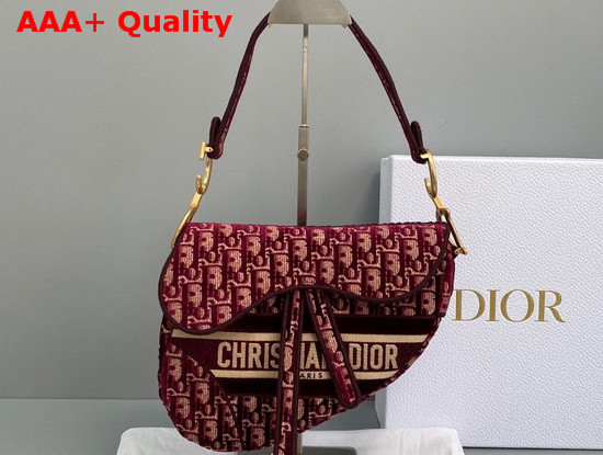 Dior Saddle Bag in Burgundy Dior Oblique Embroidered Velvet Replica