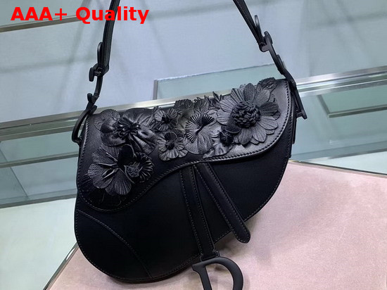 Dior Saddle Lambskin Bag in Black with Embroidered Flowers Replica