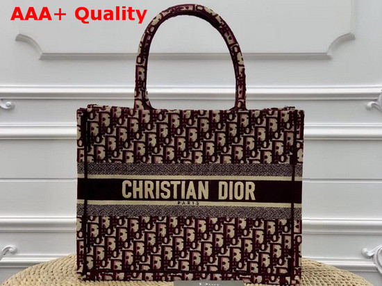 Dior Small Book Tote Bag in Burgundy Embroidered Dior Oblique Canvas Replica