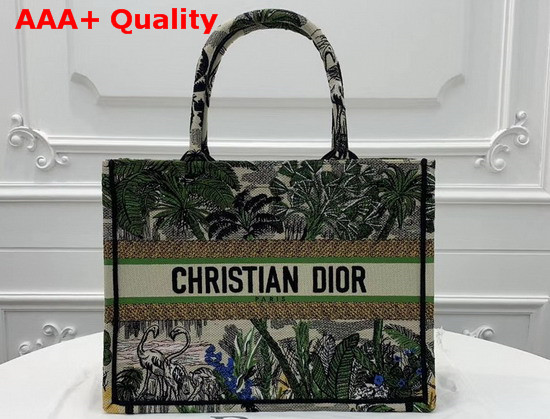 Dior Small Book Tote Bag in Canvas Embroidered with a Leaf Green Toile De Jouy Tropicalia Motif Replica