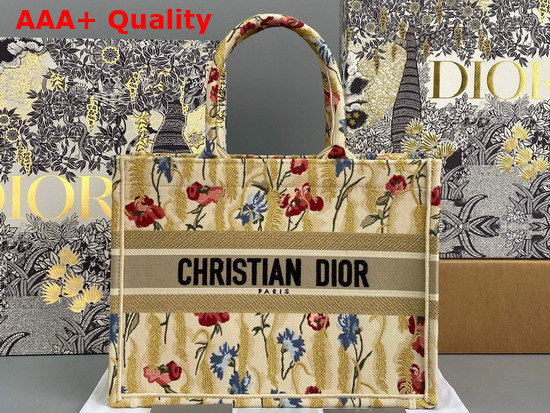 Dior Small Dior Book Tote Beige Multicolor Dior Hibiscus Metallic Thread Embroidery Replica