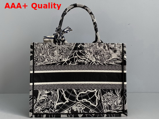 Dior Small Dior Book Tote Black and White Dior Around the World Embroidery Replica