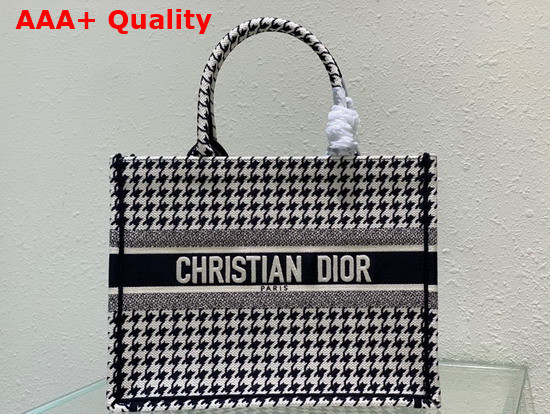 Dior Small Dior Book Tote Black and White Houndstooth Embroidery Replica