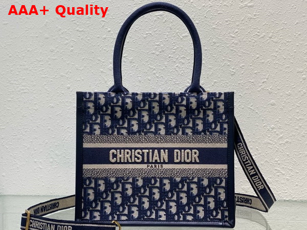 Dior Small Dior Book Tote Blue Dior Oblique Embroidery and Calfskin Replica