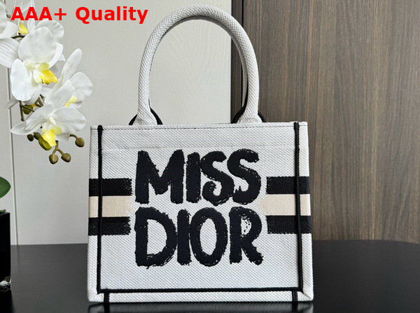 Dior Small Dior Book Tote White and Blue Miss Dior Graffiti Embroidery Replica