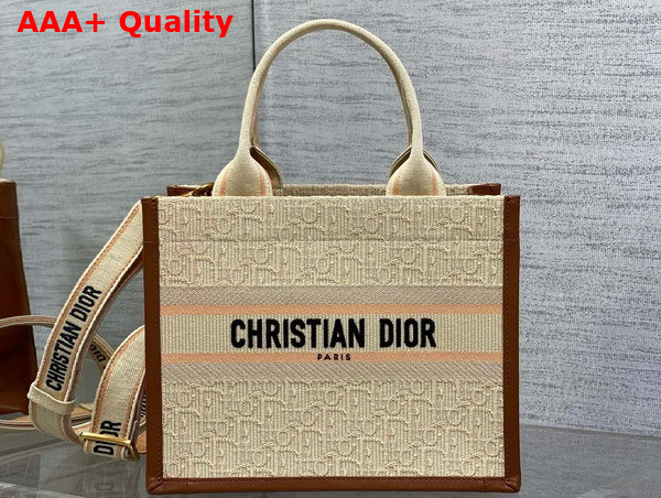 Dior Small Dior Book Tote in Beige Dior Oblique Embroidered Raffia and Camel Calfskin Replica