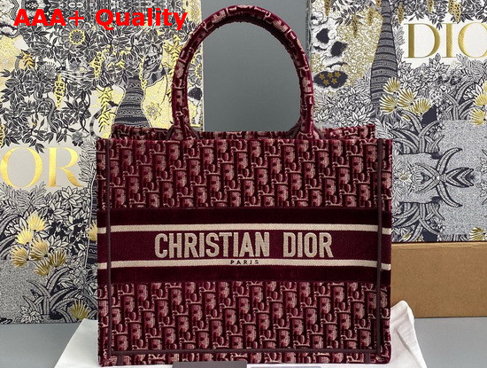 Dior Small Dior Book Tote in Brugundy Dior Oblique Embroidered Velvet Replica