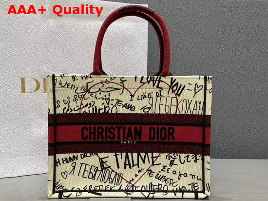 Dior Small Dior Book Tote with Dioramour Graffiti Latte Multicolor Dioramour Graffiti Embroidery Replica