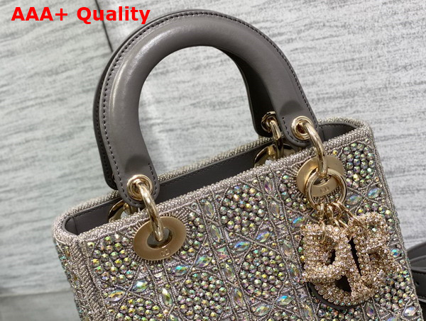 Dior Small Lady Dior Bag Gray Smooth Calfskin and Satin with Bead Embroidery Replica