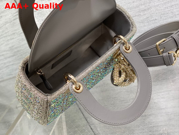 Dior Small Lady Dior Bag Gray Smooth Calfskin and Satin with Bead Embroidery Replica