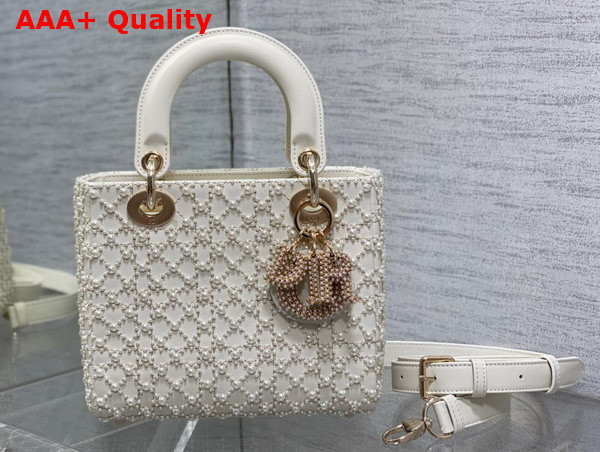 Dior Small Lady Dior Bag Latte Calfskin Embroidered with Resin Pearl Cannage Motif Replica