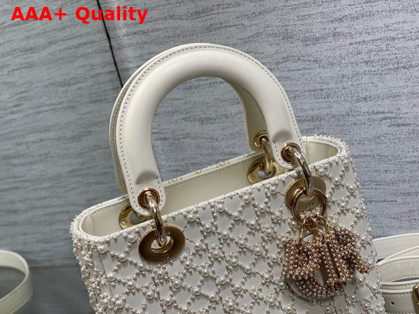 Dior Small Lady Dior Bag Latte Calfskin Embroidered with Resin Pearl Cannage Motif Replica