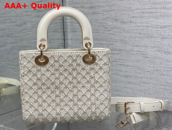 Dior Small Lady Dior Bag Latte Calfskin Embroidered with Resin Pearl Cannage Motif Replica