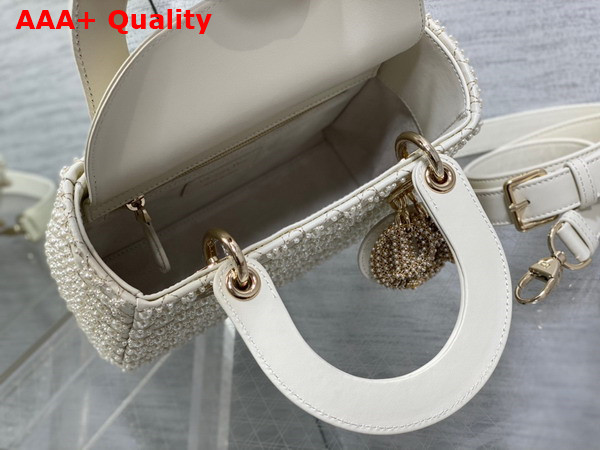 Dior Small Lady Dior Bag Latte Calfskin Embroidered with Resin Pearl Cannage Motif Replica