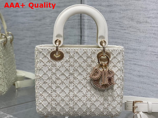 Dior Small Lady Dior Bag Latte Calfskin Embroidered with Resin Pearl Cannage Motif Replica