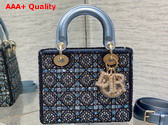 Dior Small Lady Dior Bag Metallic Calfskin and Satin with Celestial Blue Bead Embroidery Replica