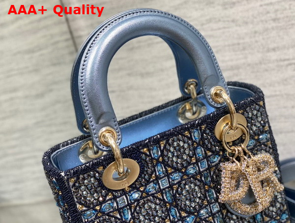 Dior Small Lady Dior Bag Metallic Calfskin and Satin with Celestial Blue Bead Embroidery Replica