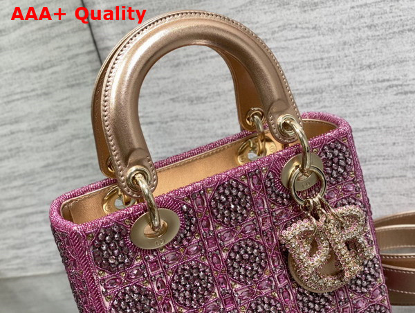 Dior Small Lady Dior Bag Metallic Calfskin and Satin with Rose Des Vents Resin Pearl Embroidery Replica