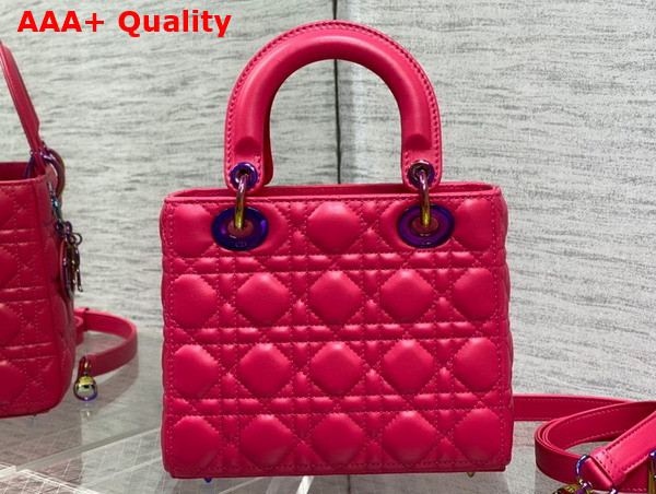 Dior Small Lady Dior Bag in Bright Pink Cannage Lambskin with Iridescent Finish Metal DIOR Charm Replica