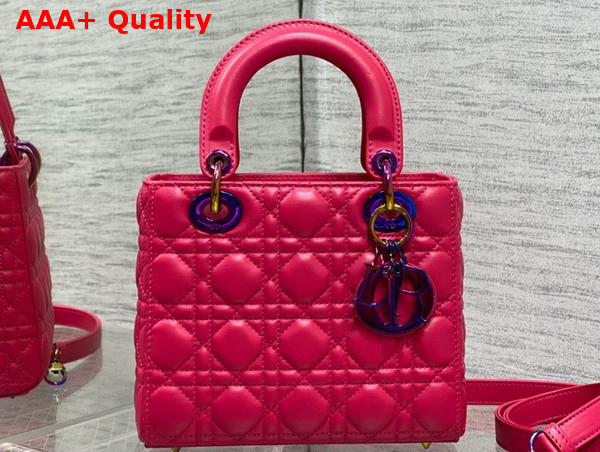 Dior Small Lady Dior Bag in Bright Pink Cannage Lambskin with Iridescent Finish Metal DIOR Charm Replica