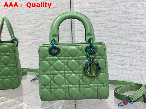 Dior Small Lady Dior Bag in Green Cannage Lambskin with Iridescent Finish Metal DIOR Charm Replica