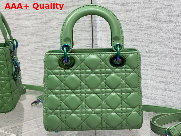 Dior Small Lady Dior Bag in Green Cannage Lambskin with Iridescent Finish Metal DIOR Charm Replica