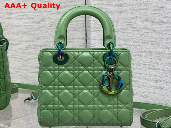 Dior Small Lady Dior Bag in Green Cannage Lambskin with Iridescent Finish Metal DIOR Charm Replica