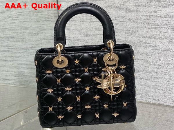 Dior Small Lady Dior My ABCDior Bag in Black Cannage Lambskin with Gold Finish Dragonfly Studs Replica