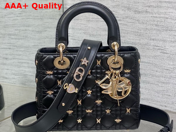 Dior Small Lady Dior My ABCDior Bag in Black Cannage Lambskin with Gold Finish Dragonfly Studs Replica