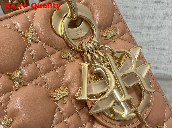 Dior Small Lady Dior My ABCDior Bag in Rose Des Vents Cannage Lambskin with Gold Finish Dragonfly Studs Replica