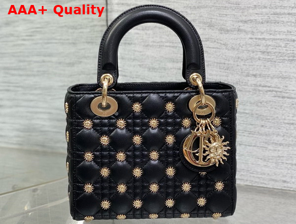 Dior Small Lady Dior My ABCdior Bag Black Cannage Lambskin with Gold Finish Zodiac Sign Studs Replica