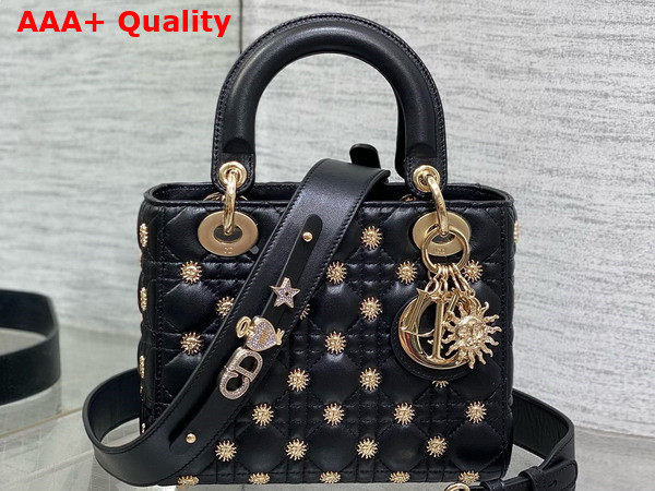 Dior Small Lady Dior My ABCdior Bag Black Cannage Lambskin with Gold Finish Zodiac Sign Studs Replica