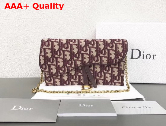 Dior Small Saddle Wallet on Chain Clutch in Burgundy Dior Oblique Jacquard Canvas Replica