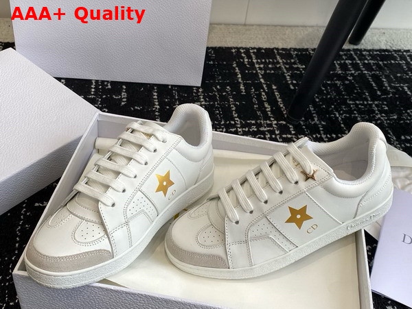 Dior Star Sneaker in White Calfskin and Suede with Gold Finish Metal Star Replica