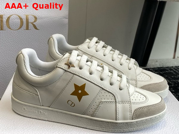 Dior Star Sneaker in White Calfskin and Suede with Gold Finish Metal Star Replica