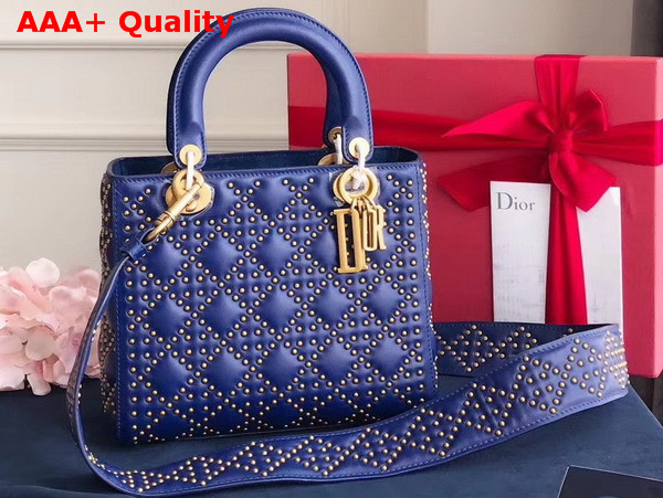 Dior Supple Lady Dior Bag in Studded Blue Calfskin Replica