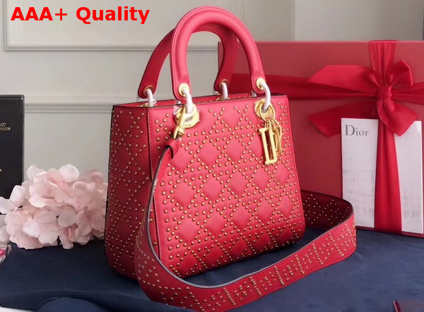 Dior Supple Lady Dior Bag in Studded Red Calfskin Replica