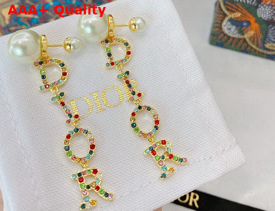 Dior Tribales Earrings Gold Finish Metal White Resin Pearls and Multicolor Crystals Replica