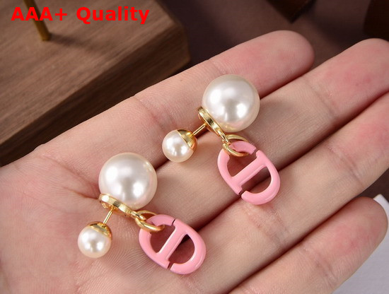 Dior Tribales Earrings Gold Finish Metal and White Resin Pearls with Pink Lacquer Replica