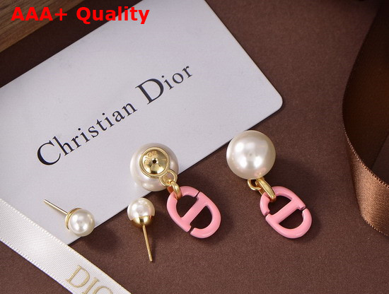 Dior Tribales Earrings Gold Finish Metal and White Resin Pearls with Pink Lacquer Replica